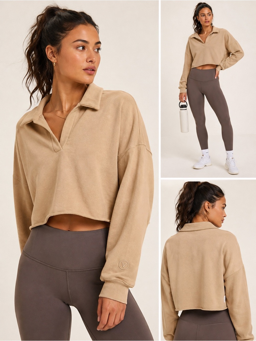 Vuori Cropped Polo Sweatshirt in Beige Tan